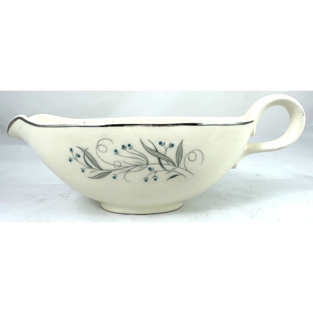 Homer Laughlin Celeste Gravy Boat Blue Buds Grey Leaves Platinum Rim MCM